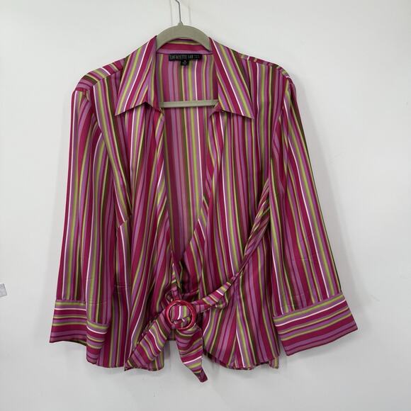 Lafayette 148 Silk Wrap Blouse size 16 Pink Mint Colorful Striped - Picture 11 of 11